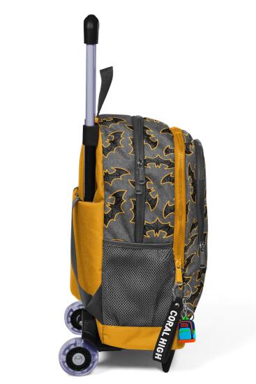 Coral High Kids Koyu Gri Hardal Yarasa Desenli Üç Bölmeli Çekçekli Okul Sırt Çantası 23921 - 2