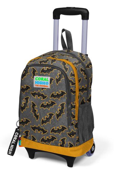 Coral High Kids Koyu Gri Hardal Yarasa Desenli Üç Bölmeli Çekçekli Okul Sırt Çantası 23921 - 6