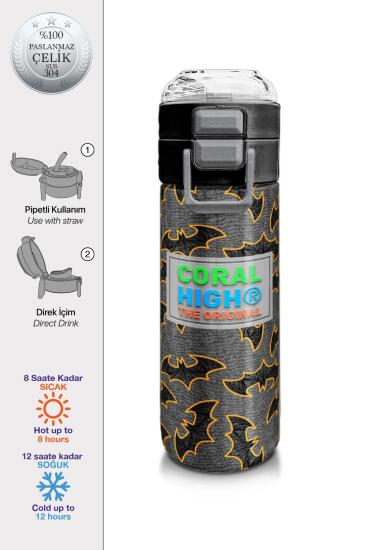 Coral High Kids Gri Hardal Yarasa Desenli Pipetli ve Direkt İçim Çelik Termos 500 ml 31932 - Coral High KIDS