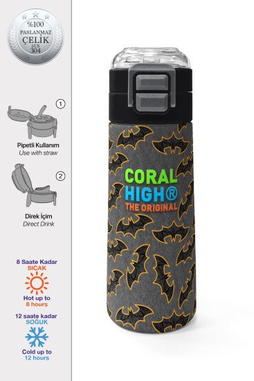 Coral High Kids Gri Hardal Yarasa Desenli Pipetli ve Direkt İçim Çelik Termos 500 ml 31932 