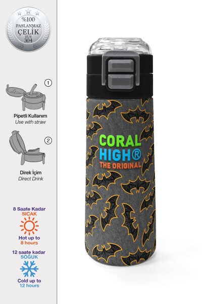 Coral High Kids Gri Hardal Yarasa Desenli Pipetli ve Direkt İçim Çelik Termos 500 ml 31932 - 1