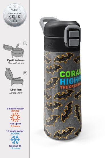 Coral High Kids Gri Hardal Yarasa Desenli Pipetli ve Direkt İçim Çelik Termos 500 ml 31932 