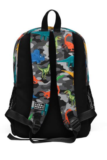 Coral High Kids Koyu Gri Siyah Kamuflaj Dinozor Desenli Dört Bölmeli Okul Sırt Çantası 23474 - 4