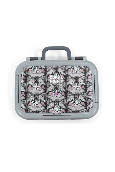 Coral High Kids Gri Kedi Desenli Paslanmaz Çelik Beslenme Kabı 39172 - 5