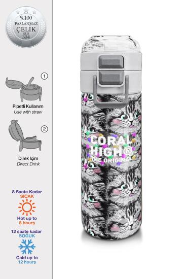 Coral High Kids Gri Kedi Desenli Pipetli ve Direkt İçim Çelik Termos 500 ml 31851 - Coral High KIDS