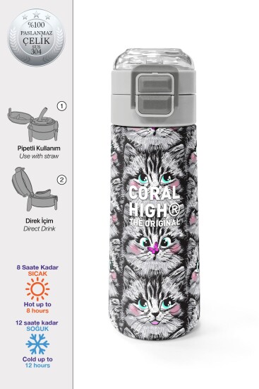 Coral High Kids Gri Kedi Desenli Pipetli ve Direkt İçim Çelik Termos 500 ml 31851 