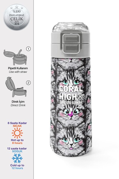 Coral High Kids Gri Kedi Desenli Pipetli ve Direkt İçim Çelik Termos 500 ml 31851 - 1