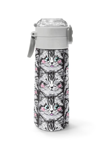 Coral High Kids Gri Kedi Desenli Pipetli ve Direkt İçim Çelik Termos 500 ml 31851 - 2