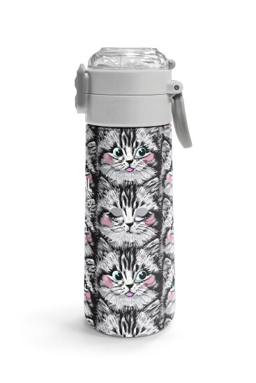 Coral High Kids Gri Kedi Desenli Pipetli ve Direkt İçim Çelik Termos 500 ml 31851 - 3