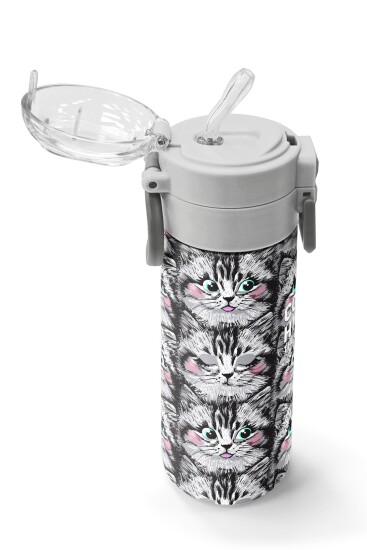 Coral High Kids Gri Kedi Desenli Pipetli ve Direkt İçim Çelik Termos 500 ml 31851 - 5