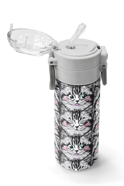 Coral High Kids Gri Kedi Desenli Pipetli ve Direkt İçim Çelik Termos 500 ml 31851 - 5