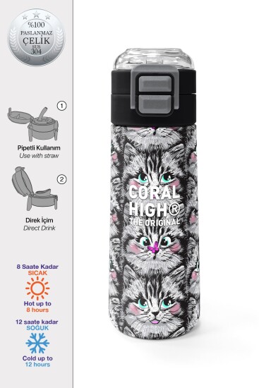 Coral High Kids Gri Kedi Desenli Pipetli ve Direkt İçim Çelik Termos 500 ml 31851 