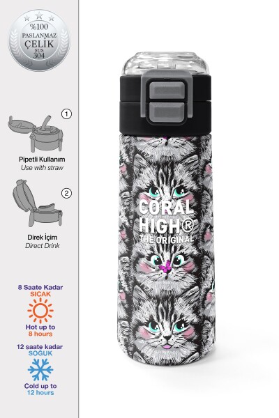 Coral High Kids Gri Kedi Desenli Pipetli ve Direkt İçim Çelik Termos 500 ml 31851 - 1