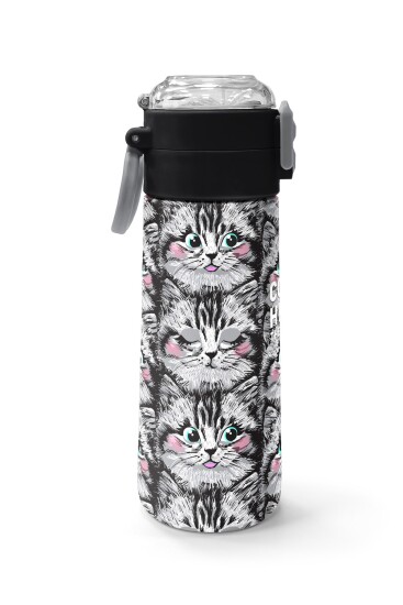 Coral High Kids Gri Kedi Desenli Pipetli ve Direkt İçim Çelik Termos 500 ml 31851 - 2