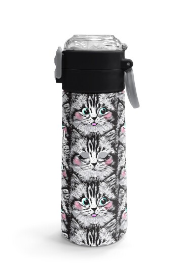 Coral High Kids Gri Kedi Desenli Pipetli ve Direkt İçim Çelik Termos 500 ml 31851 - 3