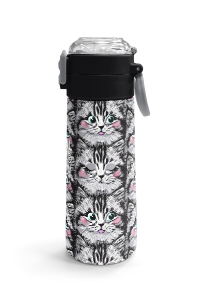 Coral High Kids Gri Kedi Desenli Pipetli ve Direkt İçim Çelik Termos 500 ml 31851 - 3