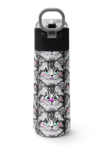Coral High Kids Gri Kedi Desenli Pipetli ve Direkt İçim Çelik Termos 500 ml 31851 - 4