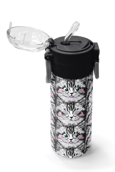 Coral High Kids Gri Kedi Desenli Pipetli ve Direkt İçim Çelik Termos 500 ml 31851 - 5