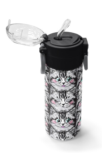 Coral High Kids Gri Kedi Desenli Pipetli ve Direkt İçim Çelik Termos 500 ml 31851 - 5
