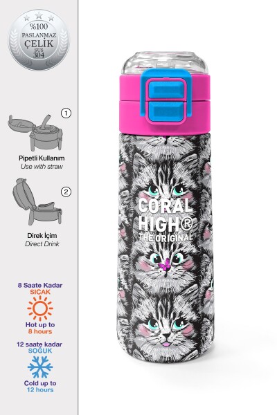 Coral High Kids Gri Kedi Desenli Pipetli ve Direkt İçim Çelik Termos 500 ml 31851 - 1
