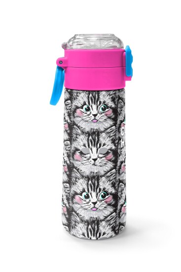 Coral High Kids Gri Kedi Desenli Pipetli ve Direkt İçim Çelik Termos 500 ml 31851 - 2