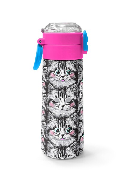 Coral High Kids Gri Kedi Desenli Pipetli ve Direkt İçim Çelik Termos 500 ml 31851 - 2