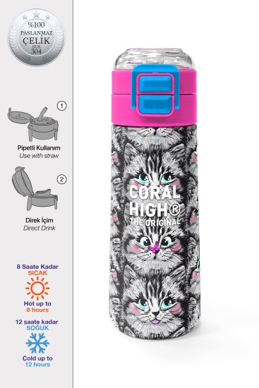 Coral High Kids Gri Kedi Desenli Pipetli ve Direkt İçim Çelik Termos 500 ml 31851 