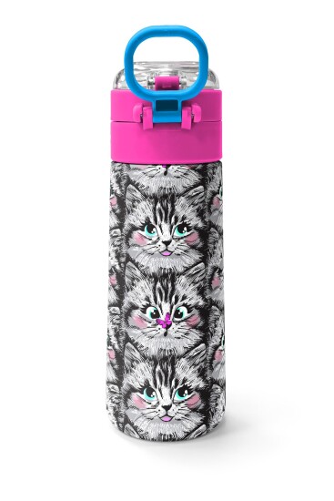 Coral High Kids Gri Kedi Desenli Pipetli ve Direkt İçim Çelik Termos 500 ml 31851 - 4
