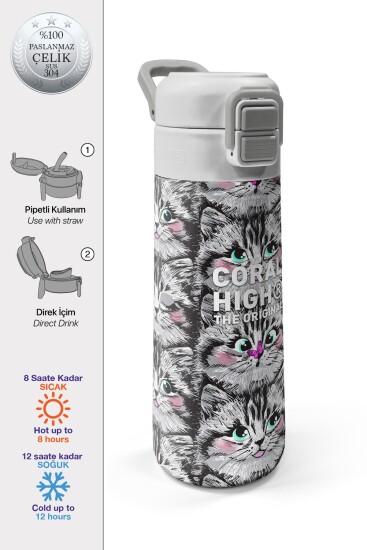 Coral High Kids Gri Kedi Desenli Pipetli ve Direkt İçim Çelik Termos 500 ml 31851 