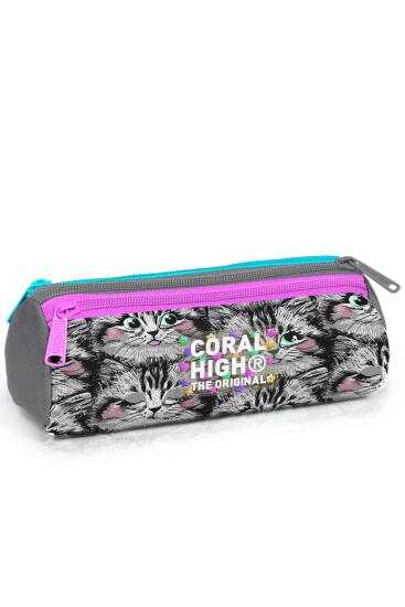 Coral High Kids Gri Kedi Desenli Üç Bölmeli Kalem Çantası 11165 - Coral High KIDS