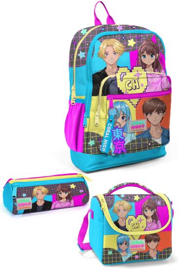 Coral High Kids Gri Mavi Pembe Anime Desenli 3’lü Okul Çanta Seti SET0123737 