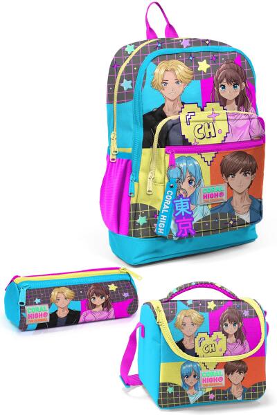 Coral High Kids Gri Mavi Pembe Anime Desenli 3’lü Okul Çanta Seti SET0123737 - 1