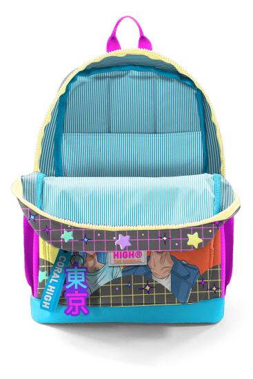 Coral High Kids Gri Mavi Pembe Anime Desenli Dört Bölmeli Okul Sırt Çantası 23737 - 3