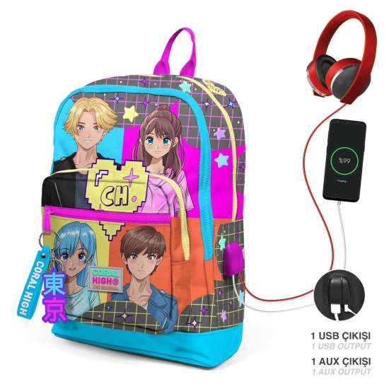 Coral High Kids Gri Mavi Pembe Anime Desenli Dört Bölmeli USB'li Okul Sırt Çantası 23837 