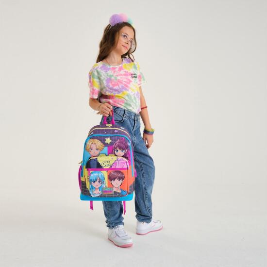 Coral High Kids Gri Mavi Pembe Anime Desenli Dört Bölmeli USB'li Okul Sırt Çantası 23837 - 7