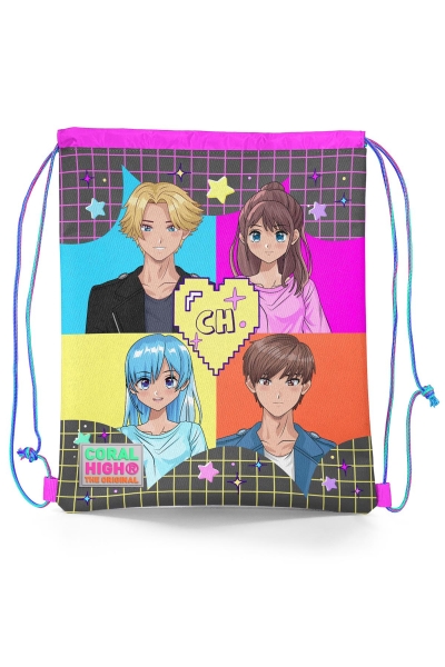 Coral High Kids Gri Mavi Pembe Anime Desenli İpli Büzgülü Sırt Çantası 22437 - 1