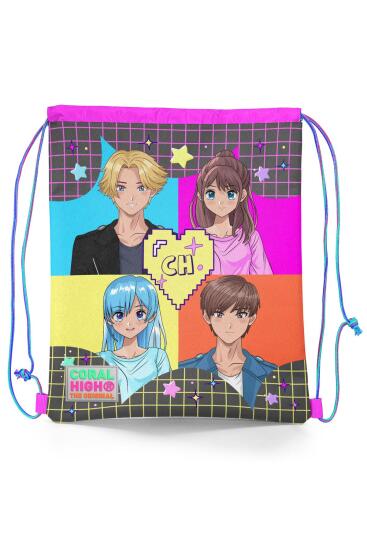 Coral High Kids Gri Mavi Pembe Anime Desenli İpli Büzgülü Sırt Çantası 22437 