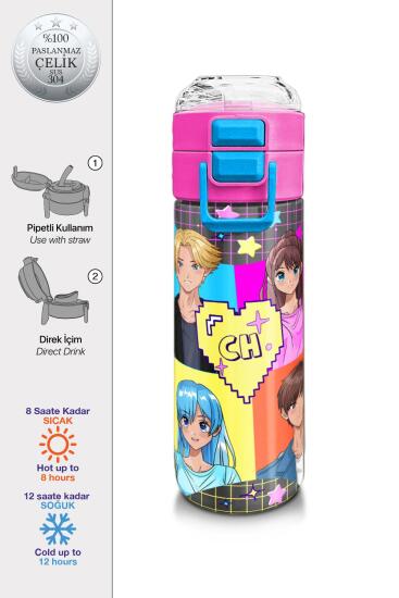 Coral High Kids Gri Mavi Pembe Anime Desenli Pipetli ve Direkt İçim Çelik Termos 500 ml 31943 - Coral High KIDS