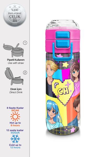 Coral High Kids Gri Mavi Pembe Anime Desenli Pipetli ve Direkt İçim Çelik Termos 500 ml 31943 - 1