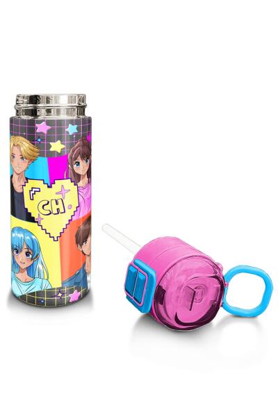 Coral High Kids Gri Mavi Pembe Anime Desenli Pipetli ve Direkt İçim Çelik Termos 500 ml 31943 - 4