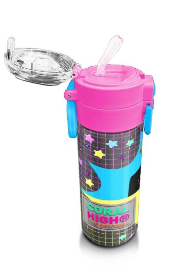 Coral High Kids Gri Mavi Pembe Anime Desenli Pipetli ve Direkt İçim Çelik Termos 500 ml 31943 - 5