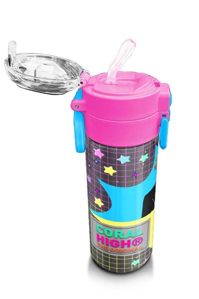 Coral High Kids Gri Mavi Pembe Anime Desenli Pipetli ve Direkt İçim Çelik Termos 500 ml 31943 - 5
