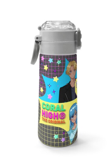 Coral High Kids Gri Mavi Pembe Anime Desenli Pipetli ve Direkt İçim Çelik Termos 500 ml 31943 - 2