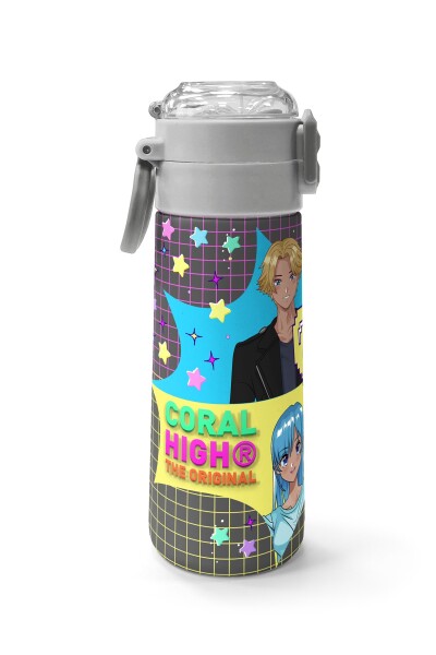 Coral High Kids Gri Mavi Pembe Anime Desenli Pipetli ve Direkt İçim Çelik Termos 500 ml 31943 - 2