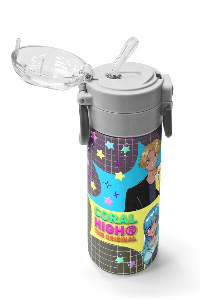 Coral High Kids Gri Mavi Pembe Anime Desenli Pipetli ve Direkt İçim Çelik Termos 500 ml 31943 - 5