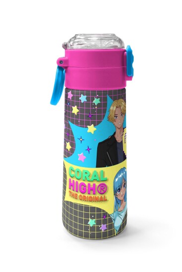 Coral High Kids Gri Mavi Pembe Anime Desenli Pipetli ve Direkt İçim Çelik Termos 500 ml 31943 - 2