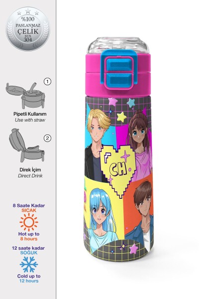Coral High Kids Gri Mavi Pembe Anime Desenli Pipetli ve Direkt İçim Çelik Termos 500 ml 31943 - 1