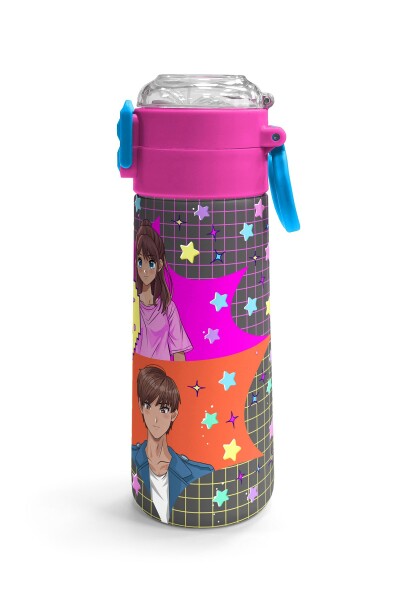 Coral High Kids Gri Mavi Pembe Anime Desenli Pipetli ve Direkt İçim Çelik Termos 500 ml 31943 - 3