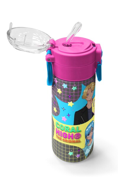 Coral High Kids Gri Mavi Pembe Anime Desenli Pipetli ve Direkt İçim Çelik Termos 500 ml 31943 - 5