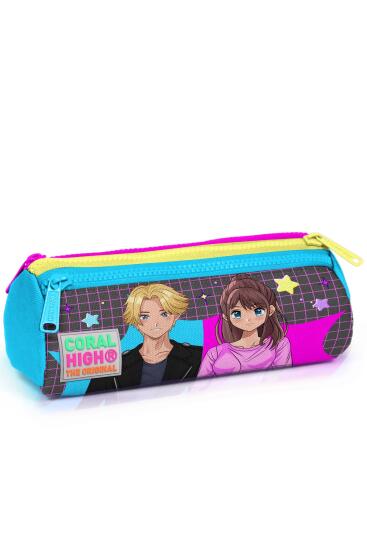 Coral High Kids Gri Mavi Pembe Anime Desenli Üç Bölmeli Kalem Çantası 22037 - Coral High KIDS